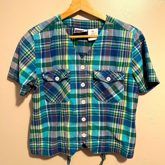 Erika & Co Retro Short Sleeve Colorful Plaid Button Up Cotton Cropped 90s Shirt - Picture 1 of 8